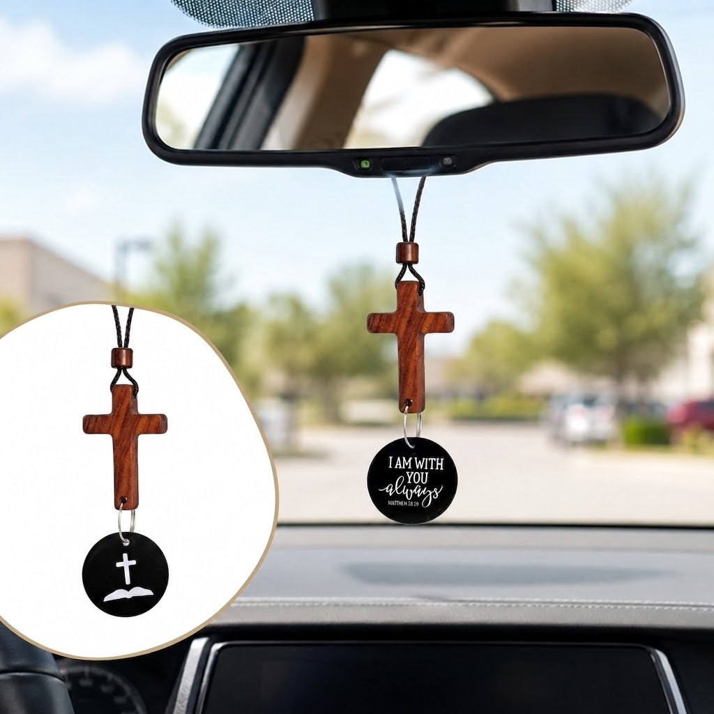 Christianity Wood Tone Cross Car Pendant