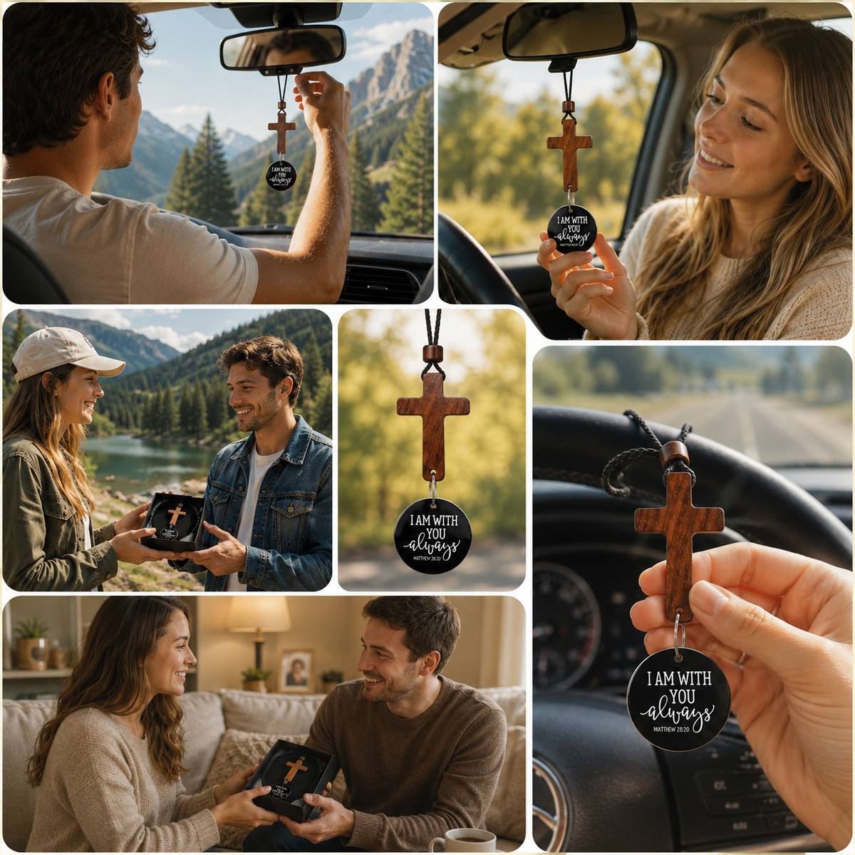 Christianity Wood Tone Cross Car Pendant