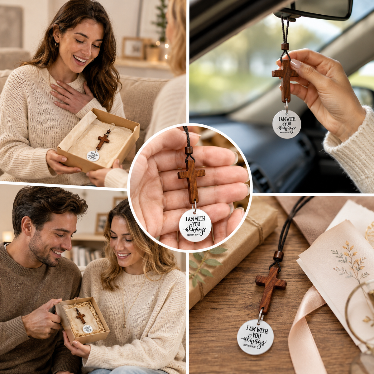 Christianity Wood Tone Cross Car Pendant