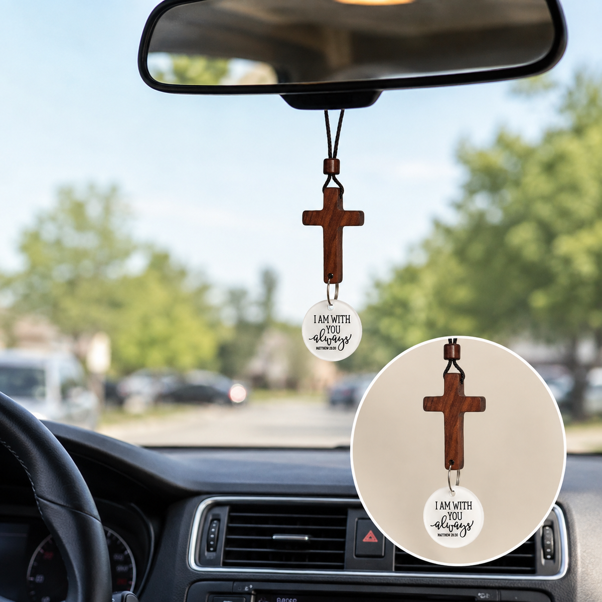 Christianity Wood Tone Cross Car Pendant